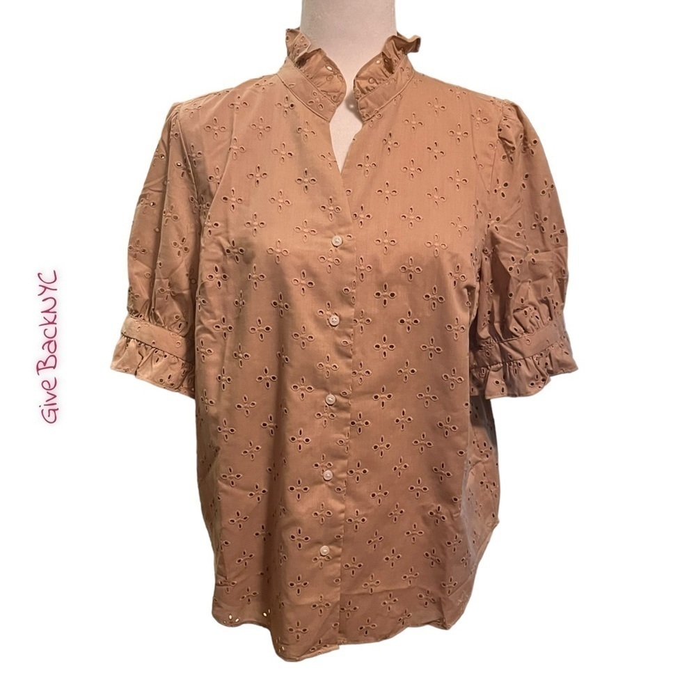 Ann Taylor Eyelet Ruffle Button Down Blouse Beige Size LP